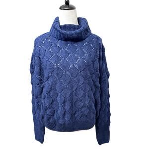 Frnch Chunky Knit Sweater Pullover Closure Long Sleeves Turtleneck Blue W Small